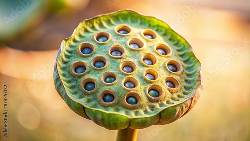 Delicate lotus seed pod with intricate arrangements of tiny holes, evoking feelings of unease and fascination, set against a neutral background with soft, natural lighting. photo