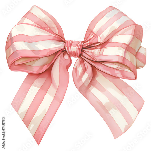 Pink And White Striped Satin Ribbon Bow Tie. Cute coquette illustration, isolated on transparent background