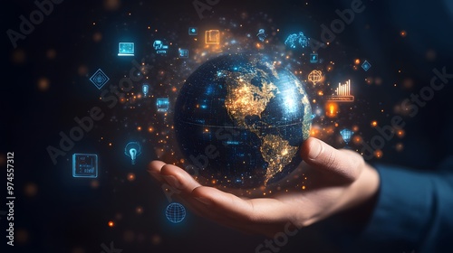 Hand with Earth Surrounded by Technology Icons: A hand holding the Earth, surrounded by floating technology icons, symbolizing the digital world's impact on the planet. 