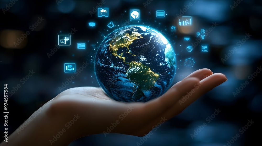 Hand with Earth Surrounded by Technology Icons: A hand holding the Earth, surrounded by floating technology icons, symbolizing the digital world's impact on the planet.
Hand with Earth Surrounded by Technology Icons: A hand holding the Earth, surrounded by floating technology icons, symbolizing the digital world's impact on the planet.