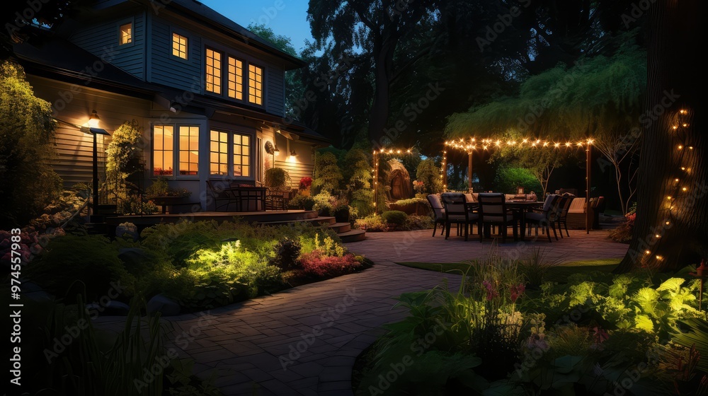 Naklejka premium illuminated landscape lighting house