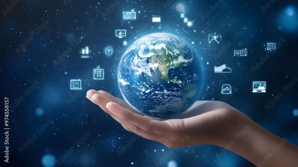 Hand with Earth Surrounded by Technology Icons: A hand holding the Earth, surrounded by floating technology icons, symbolizing the digital world's impact on the planet.
Hand with Earth Surrounded by Technology Icons: A hand holding the Earth, surrounded by floating technology icons, symbolizing the digital world's impact on the planet.