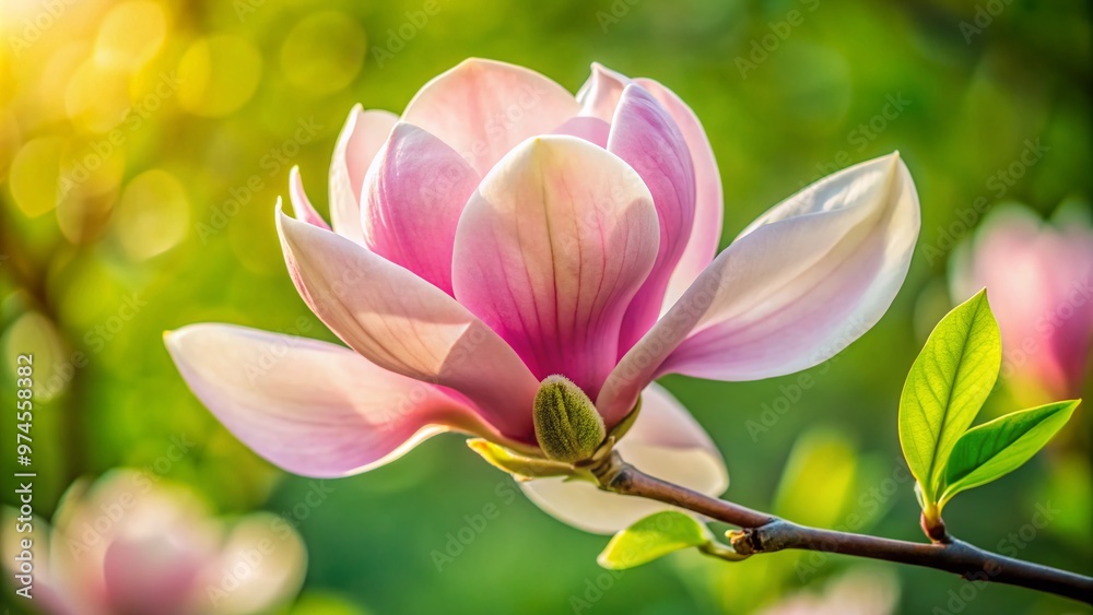 Delicate pink magnolia blossom unfurls against a soft focus green background, showcasing intricate petals and a golden center, evoking a sense of serenity and springtime beauty. Delicate pink magnolia blossom unfurls against a soft focus green background, showcasing intricate petals and a golden center, evoking a sense of serenity and springtime beauty.