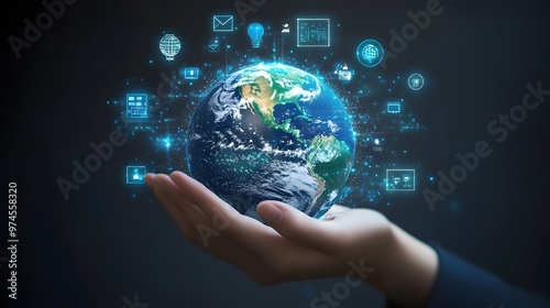 Hand with Earth Surrounded by Technology Icons: A hand holding the Earth, surrounded by floating technology icons, symbolizing the digital world's impact on the planet. 