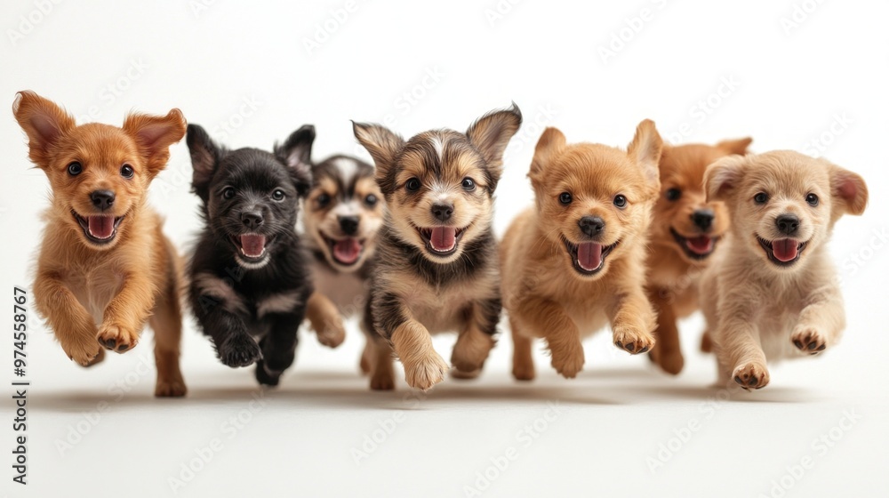 Playful Puppies at Play, a lively scene showcasing various puppies joyfully running in a vibrant park setting, with a clean and simple aesthetic emphasizing their energy.