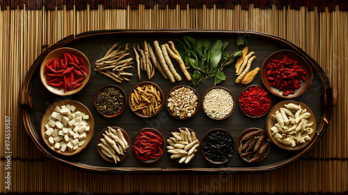 display of traditional Chinese herbs, including ginseng, goji berries, and licorice root
