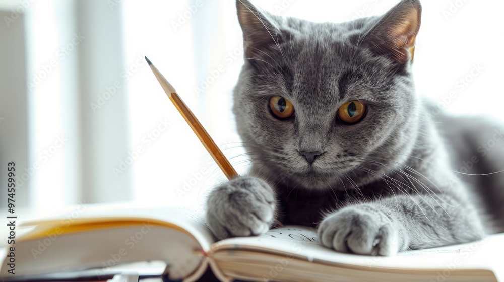 A gray cat is holding a pencil with a scribble and books on a white isolated background for a training or humor concept. A gray cat is holding a pencil with a scribble and books on a white isolated background for a training or humor concept.