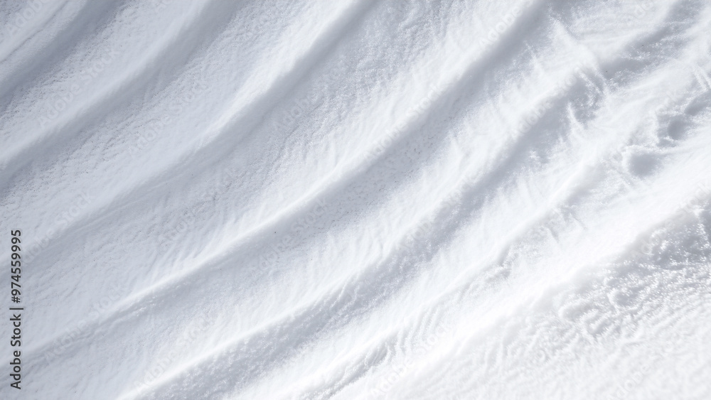 lose-up of snow-covered ground, the texture of fresh white snow, visible ripples and contours.