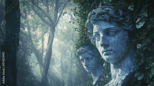 Ethereal Garden Statues in Misty Forest