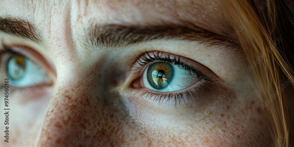 Close-up portrait of a person with striking green eyes, freckles, and an intense expression reflecting deep emotions. Close-up portrait of a person with striking green eyes, freckles, and an intense expression reflecting deep emotions.