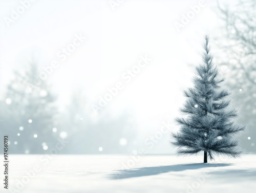 Lone Frosted Pine Tree in a Minimalistic Snowy Winter Landscape with Soft Focus Background 