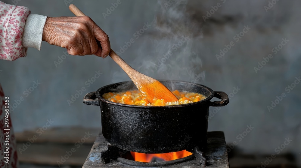 Grandmother's wrinkled hand mixing a thick stew with a wooden spoon, cast iron pot on rustic stove Grandmother's wrinkled hand mixing a thick stew with a wooden spoon, cast iron pot on rustic stove