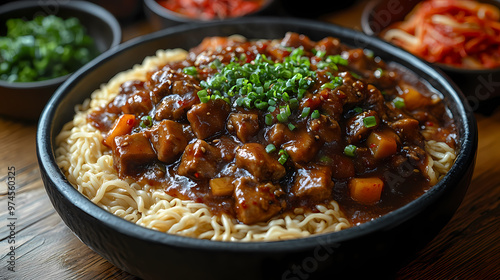 An overhead shot of Jajangmyeon featuring a generous photo