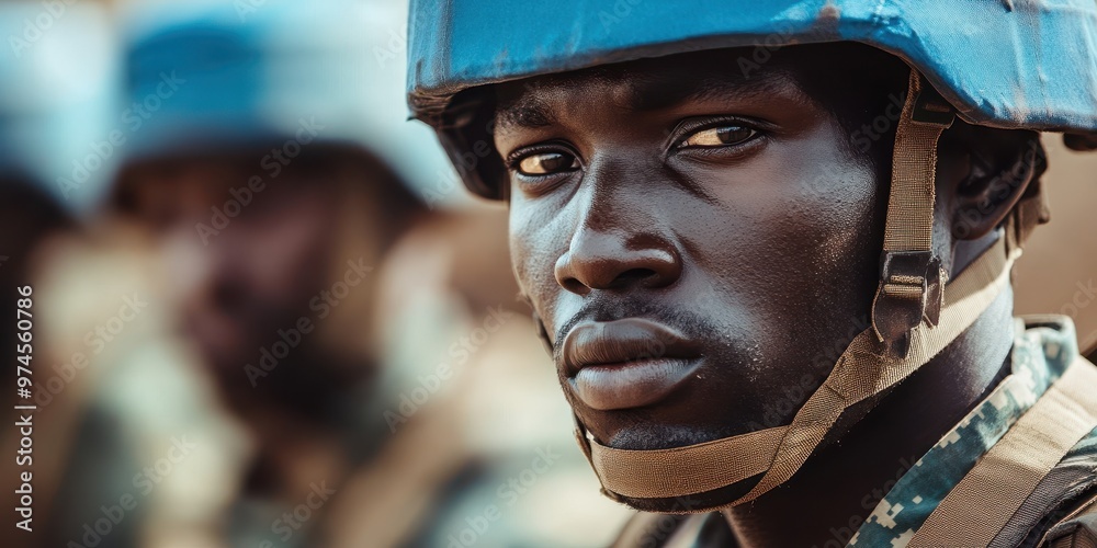 A focused soldier wearing a blue helmet, representing strength and determination in a military setting. A focused soldier wearing a blue helmet, representing strength and determination in a military setting.