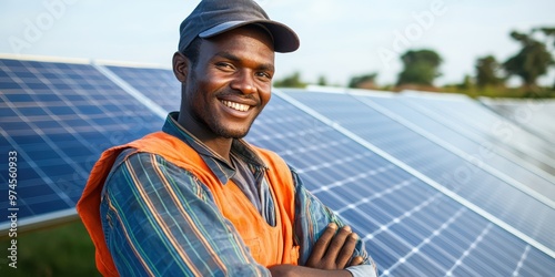 A joyful worker stands confidently in front of solar panels, showcasing dedication to renewable energy and sustainable practices.