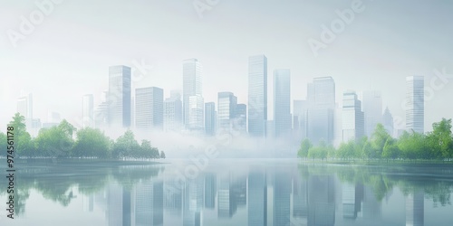 A serene city skyline mirrored in calm waters, enveloped in light mist, showcasing tranquility and urban beauty.