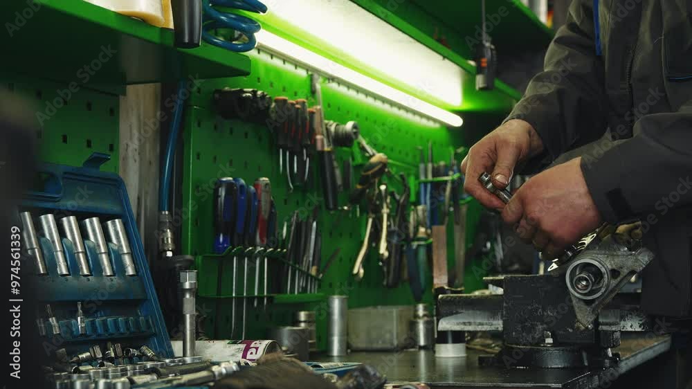Auto mechanic repairs auto part steering rack in a large workshop filled with various tools hanging on the walls Auto mechanic repairs auto part steering rack in a large workshop filled with various tools hanging on the walls