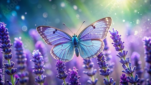 Delicate wings of iridescent purple butterfly glisten in morning dew, perched on velvety soft lavender petals, surrounded by lush green foliage in serene nature scene.