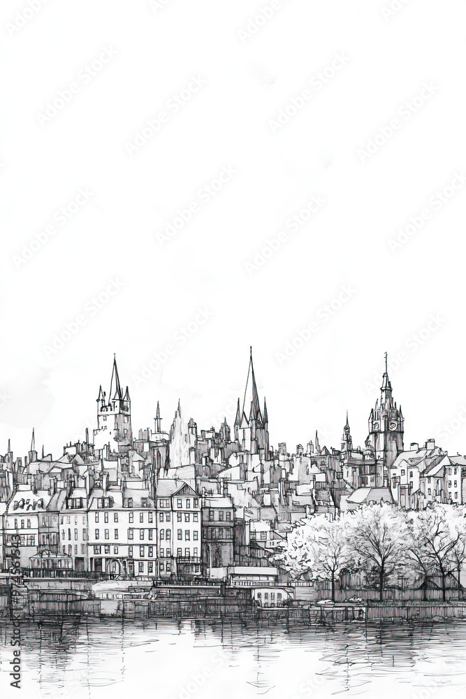 Fototapeta premium Aberdeen, United Kingdom, black and white pen pencil hand-drawn effect portrait drawing illustration for travel poster, card, wallpaper, backdrop or banner. Modern, clear, artistic and simple