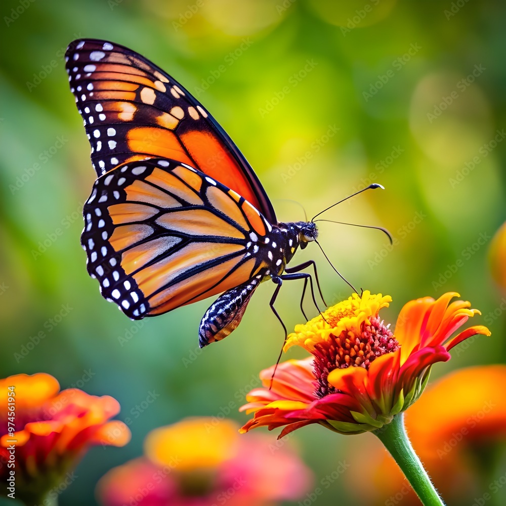 Detailed Close-up of Monarch Butterfly on Blooming Flower Detailed Close-up of Monarch Butterfly on Blooming Flower