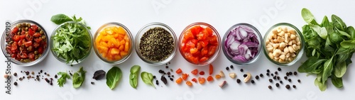 Vibrant Salad Medley, a colorful array of fresh vegetables and greens artfully arranged on a clean white backdrop, showcasing the beauty of healthy eating in a simple presentation