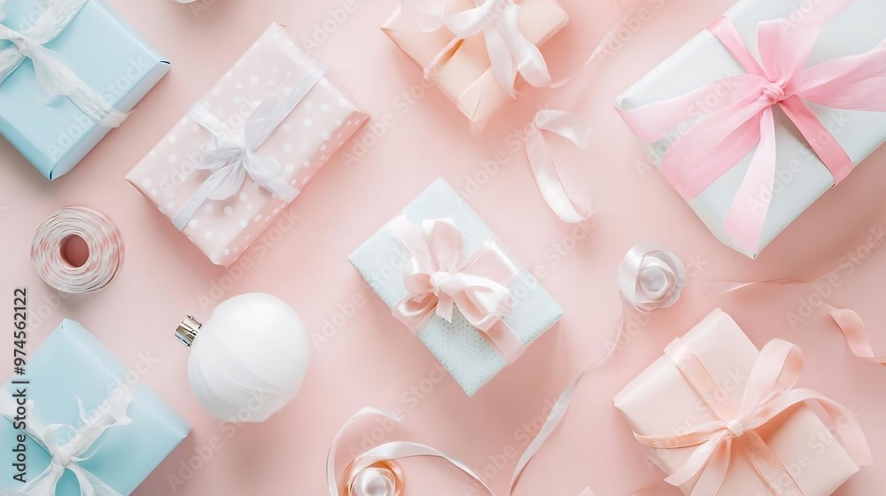 Pastel Pink and Blue Gift Boxes with Ribbons on Pink Background Pastel Pink and Blue Gift Boxes with Ribbons on Pink Background