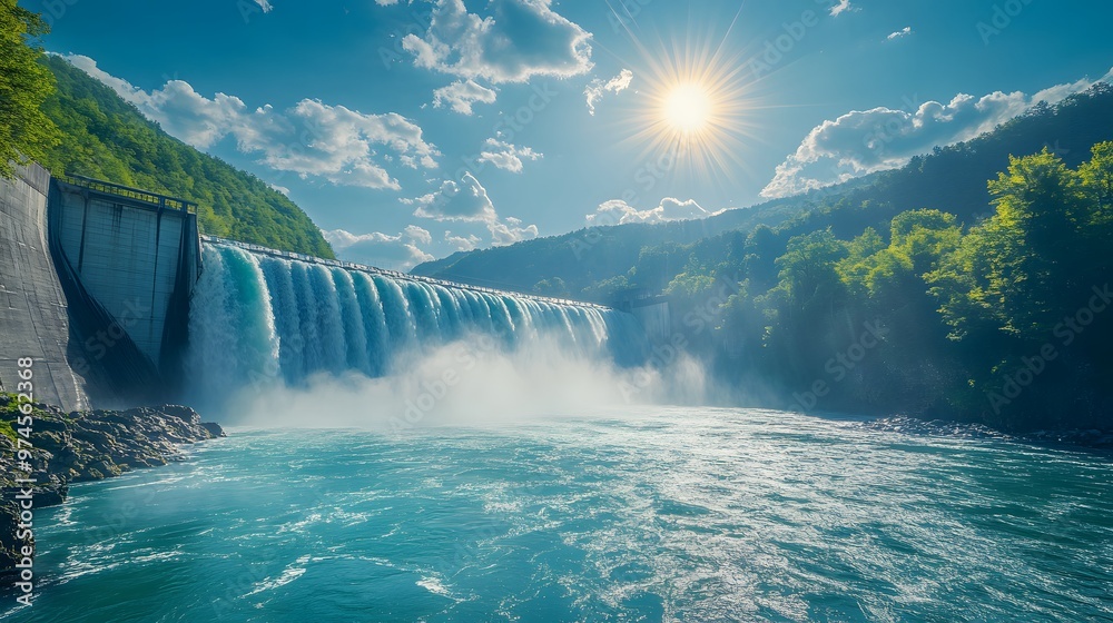 Fototapeta premium A majestic hydroelectric dam in a bright sunlit landscape with cascading water and lush green mountains, highlighting the power of nature in a vivid nature vista captured in HDR imaging.