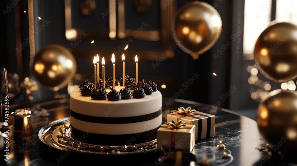 3D illustration, Elegant birthday scene, stylish cake with candles, luxury gift boxes, and a sophisticated greeting card 3D illustration, Elegant birthday scene, stylish cake with candles, luxury gift boxes, and a sophisticated greeting card