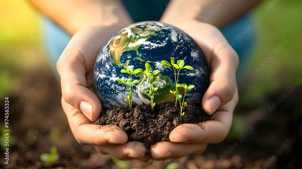 Hands Holding Earth with Growing Plants: Hands holding the Earth, with small green plants sprouting from its surface, symbolizing growth and renewal.
Hands Holding Earth with Growing Plants: Hands holding the Earth, with small green plants sprouting from its surface, symbolizing growth and renewal.