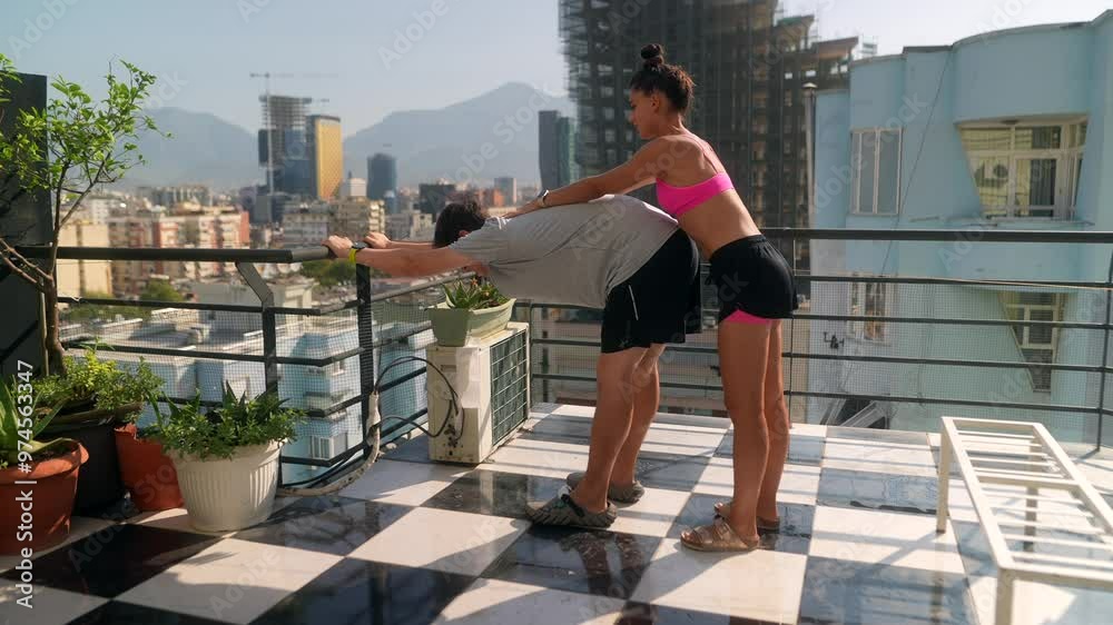 Enjoying a Revitalizing Morning Stretch on the Balcony with a Beautiful Scenic View