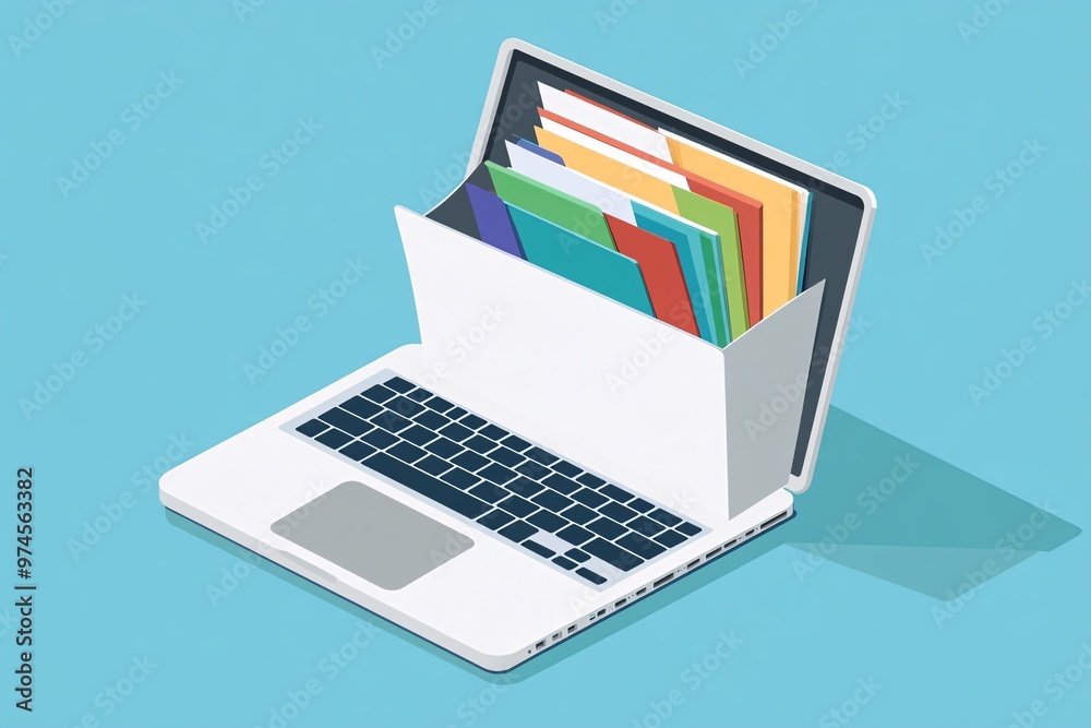 Creative illustration of a laptop with colorful folders representing digital organization and file management concepts Creative illustration of a laptop with colorful folders representing digital organization and file management concepts