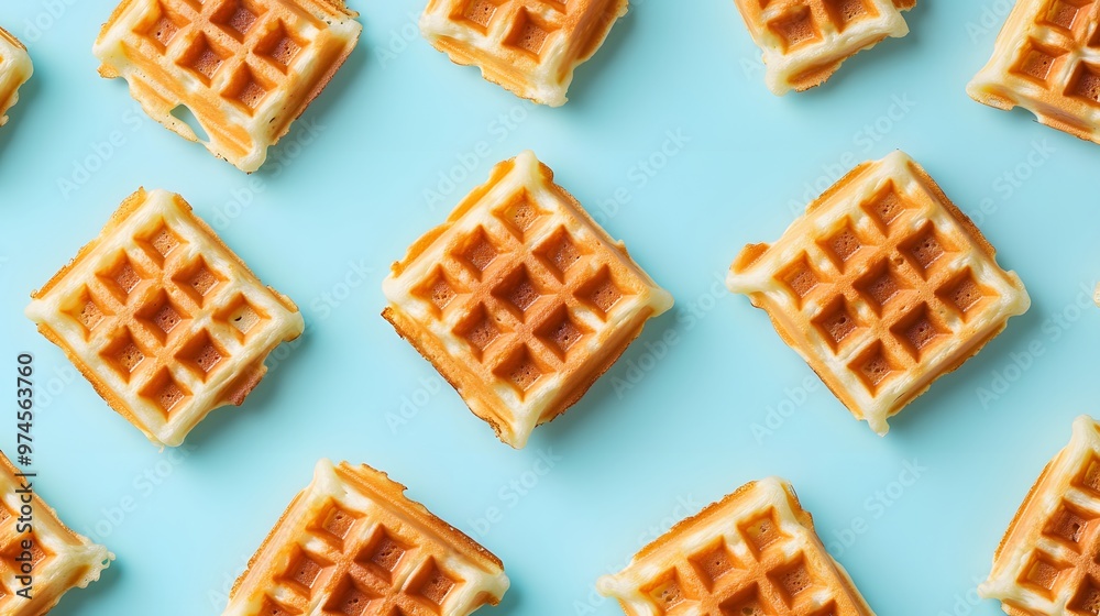 Square waffles arranged symmetrically against a light blue background, featuring golden brown textures and clean aesthetics in flat lay photography, showcasing a breakfast food concept. Square waffles arranged symmetrically against a light blue background, featuring golden brown textures and clean aesthetics in flat lay photography, showcasing a breakfast food concept.