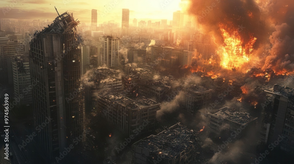 Fototapeta premium Devastation captured as buildings jolt and collapse post-aftershock, Aftershock, Devastation Jolt.
