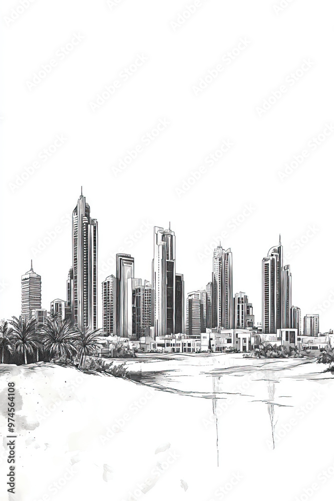 Fototapeta premium Ajman, UAE, black and white pen pencil hand-drawn effect portrait drawing illustration for travel poster, card, wallpaper, backdrop or banner. Modern, clear, artistic and simple
