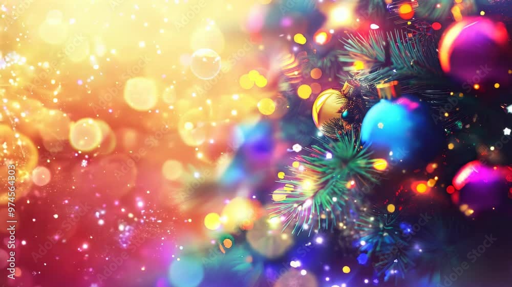 Christmas blurred background with shiny lights and a fir tree decorated with colorful balls