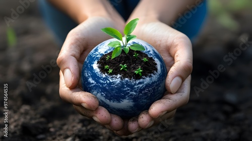 Hands Holding Earth with Growing Plants: Hands holding the Earth, with small green plants sprouting from its surface, symbolizing growth and renewal. 