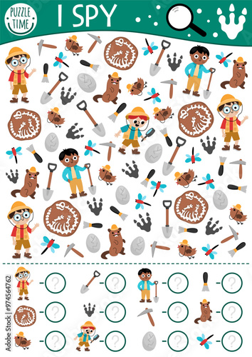 Dinosaur I spy game for kids. Searching and counting activity with paleontologists, bones, skeleton. Prehistoric printable worksheet for preschool children. Simple dino land spotting puzzle