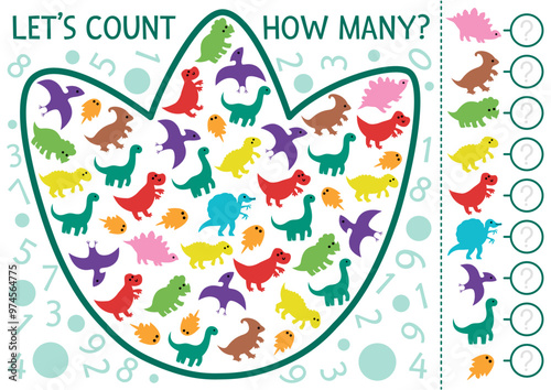 Fototapeta Naklejka Na Ścianę i Meble -  Dinosaur I spy game for kids in footprint shape. Searching and counting activity with T-rex, stegosaur, triceratops. Prehistoric printable worksheet for preschool children. Simple dino spotting puzzle