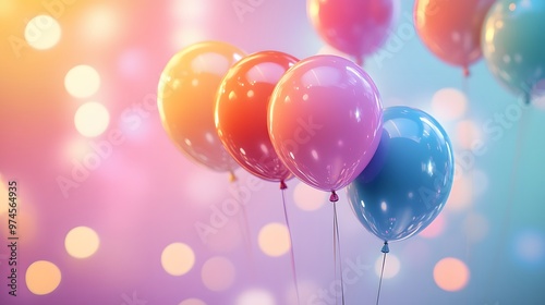 Vibrant multicolored balloons against a pastel rainbow background, showcasing glossy reflections and a celebratory mood, creating a whimsical atmosphere perfect for festive occasions.