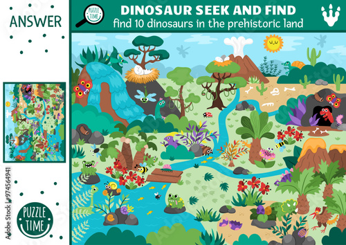 Vector dinosaur searching game with prehistoric landscape. Spot hidden donos in picture. Ancient world seek and find educational printable activity for kids with T-rex, triceratops, stegosaur