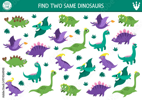 Find two same dinosaurs. Prehistoric matching activity for children. Dino land educational quiz worksheet for kids with ancient animals. Printable game with cute triceratops, stegosaur