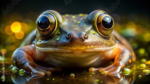 Eerie close-up of a xenopus frog's bug-eyed stare amidst eerie darkness, its translucent skin glowing with an otherworldly luminescence, evoking unease and fascination. photo