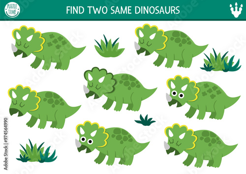 Find two same dinosaurs. Prehistoric matching activity for children. Dino land educational quiz worksheet for kids with ancient animals. Printable game with cute triceratops