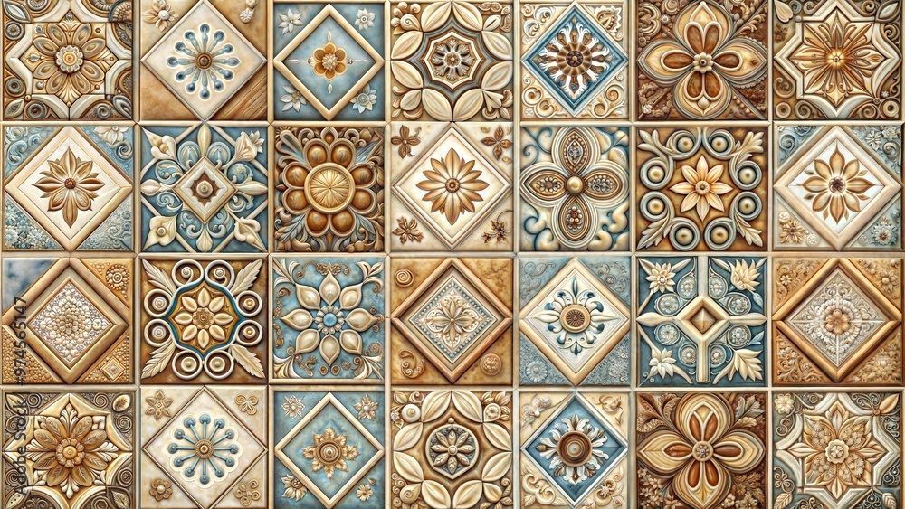 Decorative tiles arranged in an elegant mosaic style, showcasing intricate designs in warm colors Decorative tiles arranged in an elegant mosaic style, showcasing intricate designs in warm colors