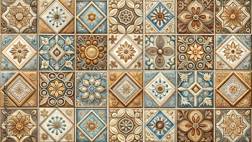Decorative tiles arranged in an elegant mosaic style, showcasing intricate designs in warm colors