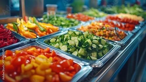 A vibrant salad bar illuminated brightly with diverse vegetables and organized trays, presenting fresh, healthy meal options in an appetizing display of high-contrast colors in a restaurant setting.