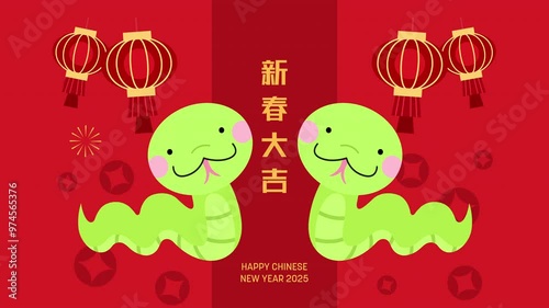 Chinese zodiac snake pair with red lantern animation horizontal video. 