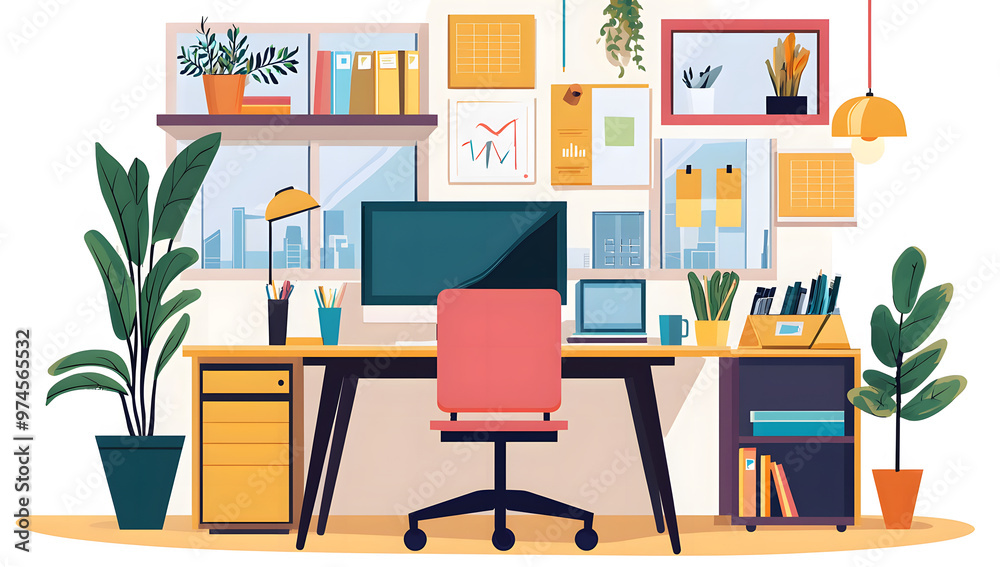 Empty office desk with chairs for work or study, elegant office interior, modern office workspace with potted plants. Empty office desk with chairs for work or study, elegant office interior, modern office workspace with potted plants.