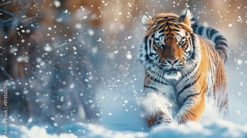 Amur tiger running in the snow