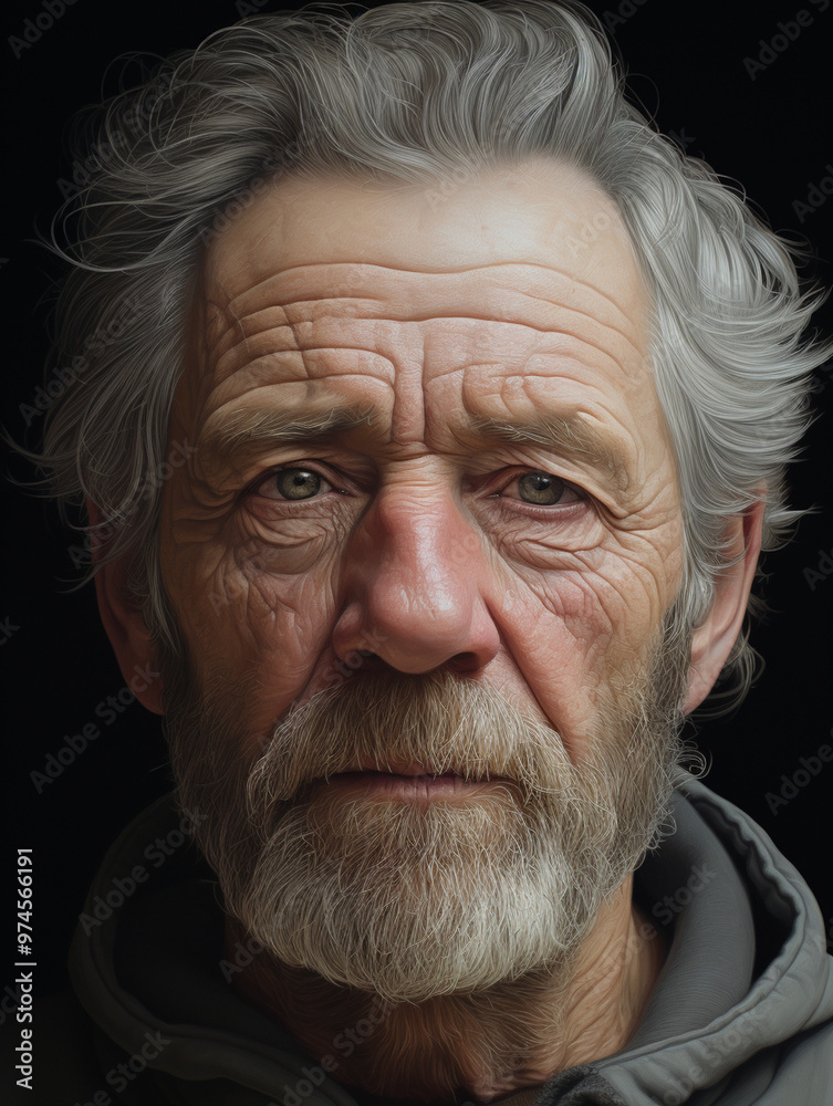 Elderly man with a serious expression, furrowed brow, portrait photography, close-up, intense and thoughtful gaze.